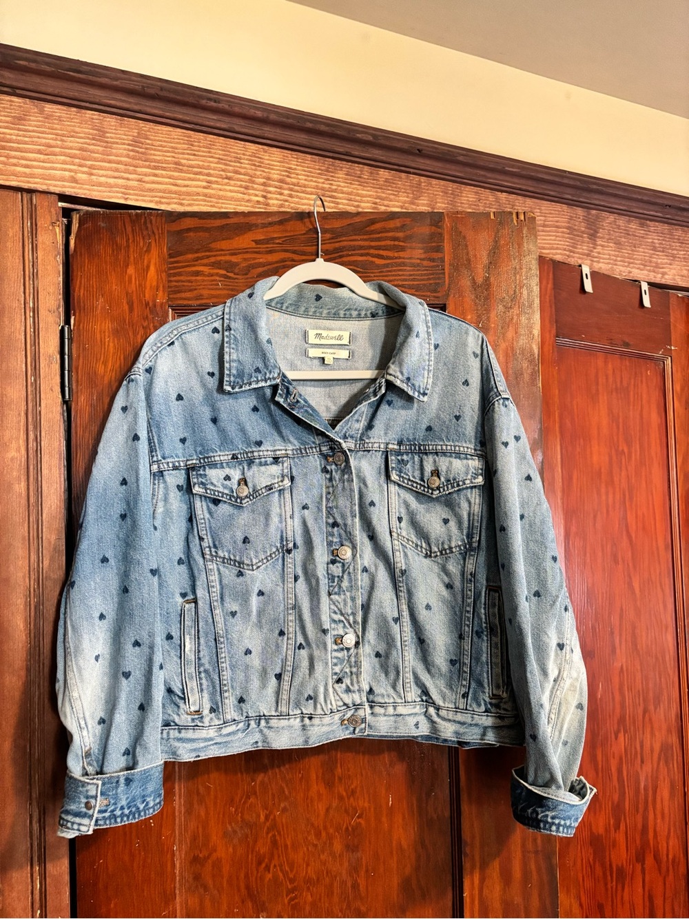 Madewell Light Blue Denim Jacket with Navy Heart Print